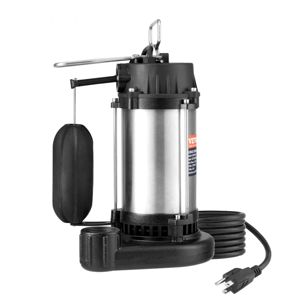 VEVOR Submersible Sewage Pump, 0.5HP 4188GPH, Cast Iron Sewage Water Pump with 24 ft Lift 10 ft Power Cord and Automatic Float Switch, Stainless Steel for Clean Flooded Basement Yard Farm Sewer