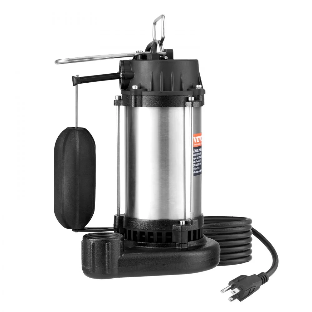 VEVOR Submersible Sewage Pump, 1HP 5770GPH, Cast Iron Sewage Water Pump with 34 ft Lift 10 ft Power Cord and Automatic Float Switch, Stainless Steel for Clean Flooded Basement Yard Farm Sewer