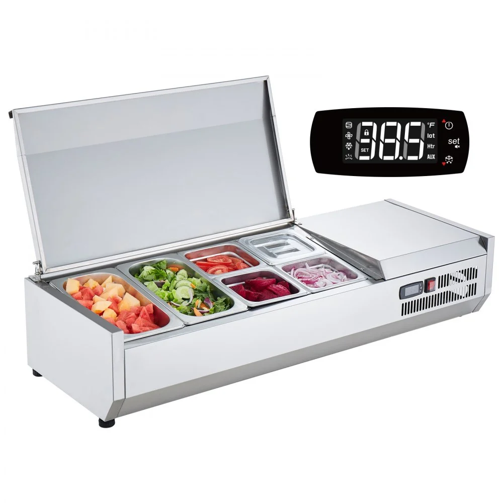 Summer Sale
VEVOR Refrigerated Condiment Prep Station, 135 W Countertop Refrigerated Condiment Station, with 2 1/3 Pans & 4 1/6 Pans, 304 Stainless Body and PC Lid, Sandwich Prep Table with Stainless Guard, ETL