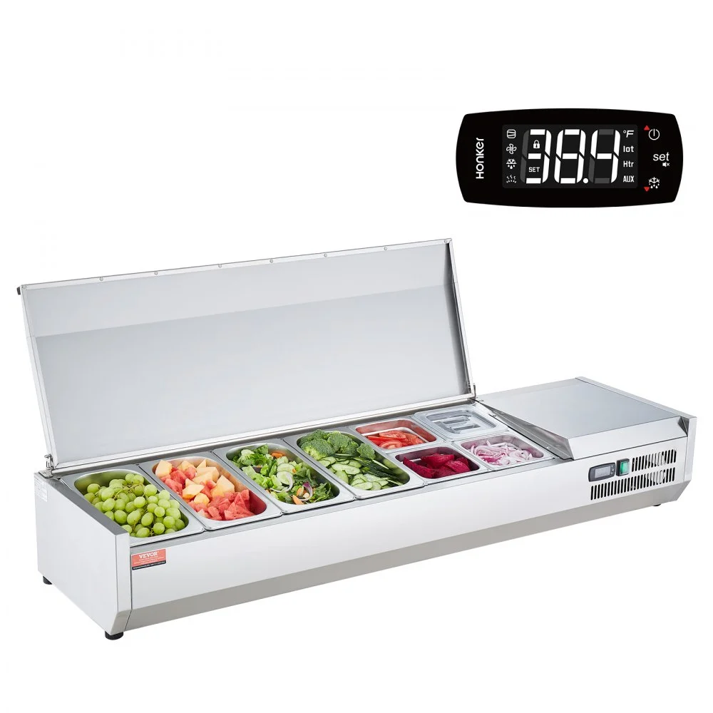 Summer Sale
VEVOR Refrigerated Condiment Prep Station, 150 W Countertop Refrigerated Condiment Station, with 4 1/3 Pans & 4 1/6 Pans, 304 Stainless Body and PC Lid, Sandwich Prep Table with Stainless Guard, ETL