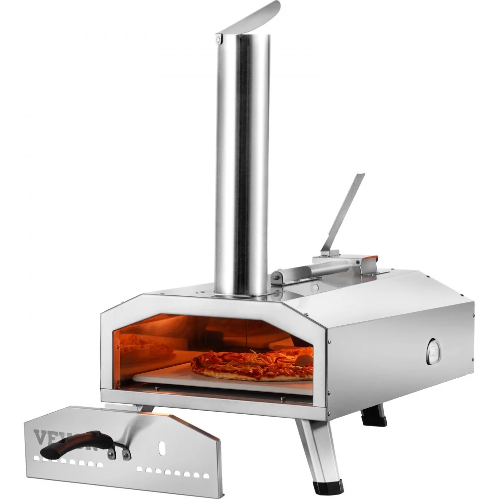 VEVOR Portable Outdoor Oven, 12-inch Pizza Oven, Pellet & Chips & Charcoal Tri-Fuel, Stainless Steel Pizza Grill, Includes Pizza Stone, Waterproof Cover, Shovel, Ideal for Camping & Backyard, Silver