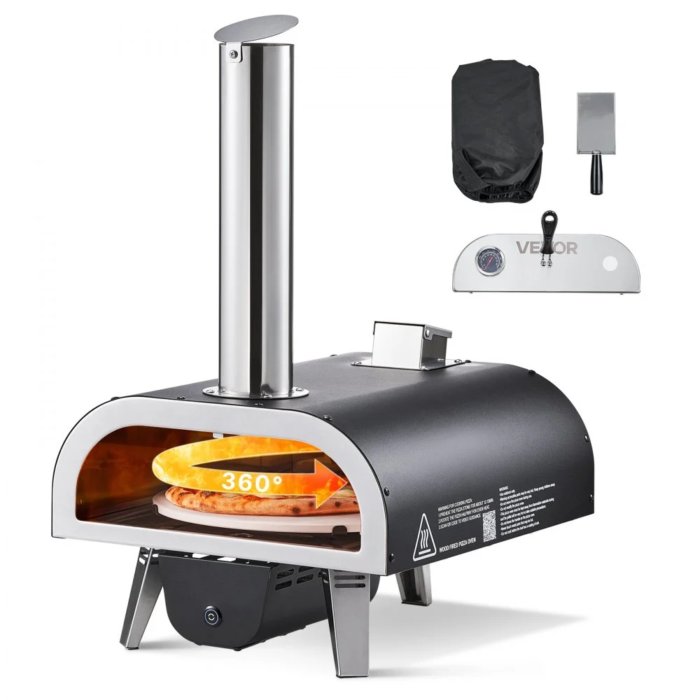 VEVOR Outdoor Pizza Oven, 12 in Wood Fired Pizza Ovens, Pellet Pizza-Stove with Thermometer & Electric Rotation, Portable Pizza-Maker for Outside Backyard Patio Camping, Pizza-Stone, Carry Bag, Shovel