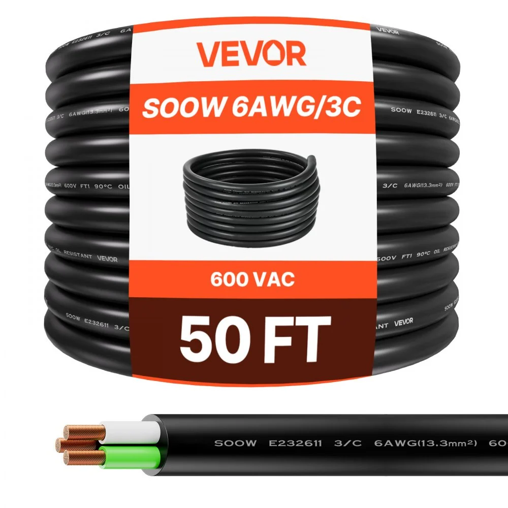 VEVOR 50 FT 6AWG Portable Power Cable (3 Conductor), Heavy Duty 600V SOOW Electrical Power Cable, Industrial Grade Electric Wire, Premium CPE Rubber Jacket, Copper Extension Cord for Welder Machine