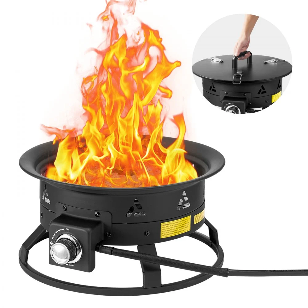 VEVOR Propane Fire Pit, 19-Inch Diameter Outdoor Portable Gas Fire Pit with Cover & Lava Rocks, Adjustable Flame Height Camping Firepit for Heating, Lighting, Gathering, 58,000 BTU, Black