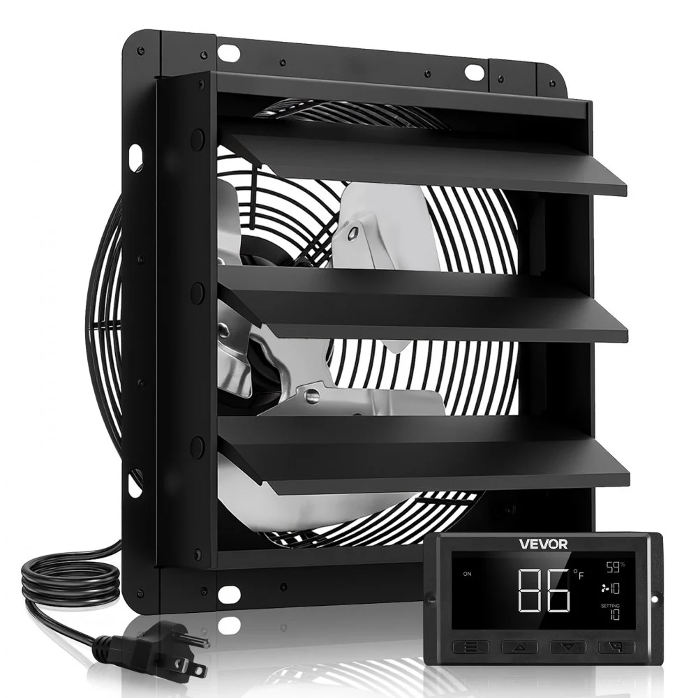 VEVOR 12 inch Shutter Exhaust Fan, Wall Mounted Attic Vent Fan with Smart Programming Variable Speed Temperature Control, 1500 CFM,EC Motor,Timer, for Shed,Garage,Greenhouse Ventilation Cooling,Black