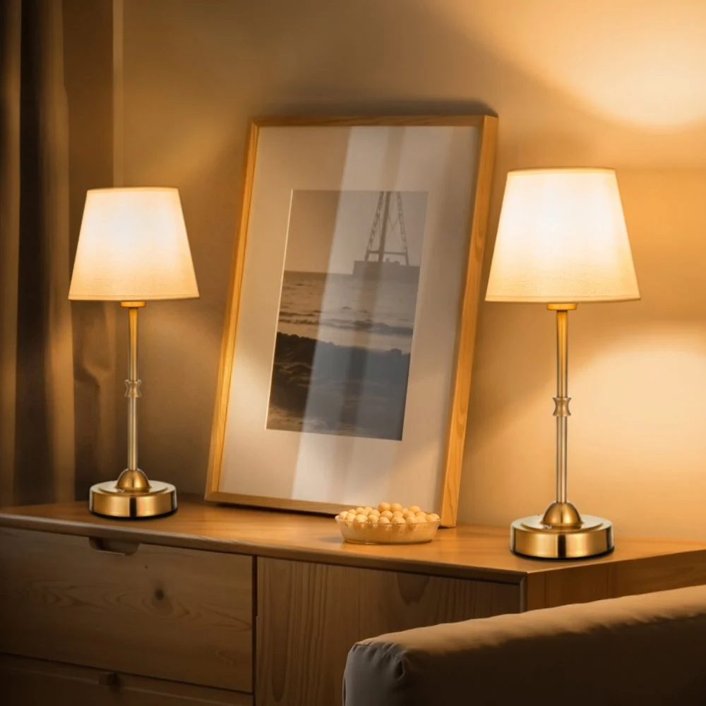 VEVOR Cordless Table Lamp, 2 Pack, 5200mAh Built-in Rechargeable Battery Desk Lamp, 3-Level Brightness, Fabric Shade, 2700-3000K Color Temperature, Table Light for Restaurant, Bedroom, Bars, Gold
