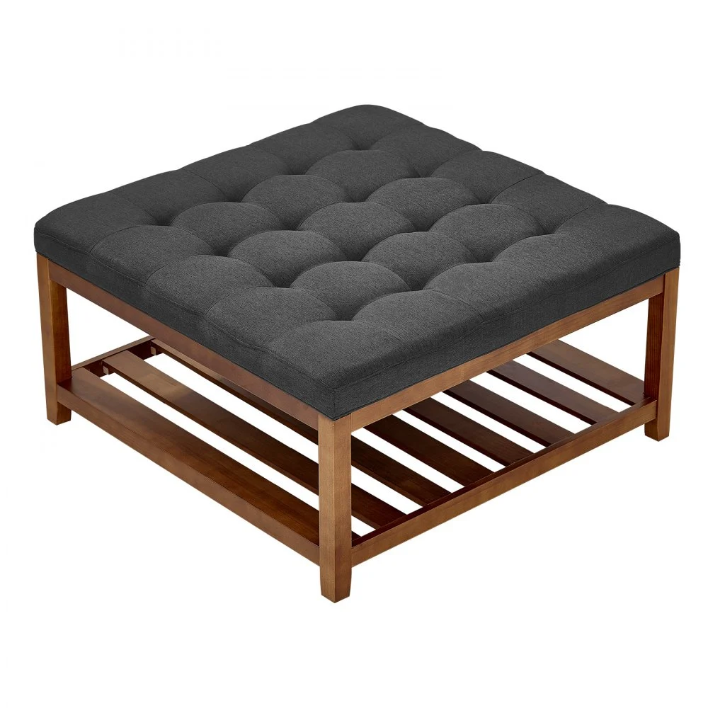 VEVOR Large Square Ottoman Coffee Table, 34.5 Inch Tufted Coffee Table with Solid Wood Shelf Storage, Linen Solid Upholstered Footrest Ottoman for Bedroom Living Room, 400 LBS, Dark Gray