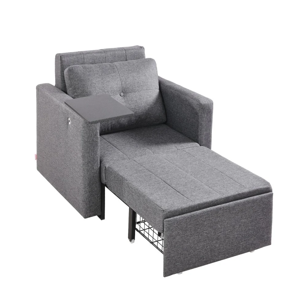 VEVOR Sleeper Sofa Bed, Convertible Sleeper Bed with Side Pocket, Pillow, Armrest and Desk Board, 5 Adjustable Angles Backrest, Single Pull Out Sofa Couch with 2 Wheels and Bottom Storage, Gray