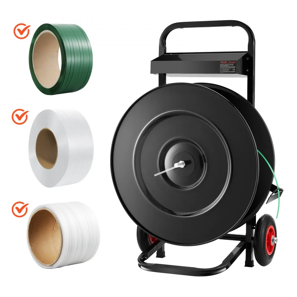 VEVOR Banding Strapping Cart, Fit for PET/PP/Polyester Strapping Coils with 8 or 16 in Core Size, Heavy Duty Strapping Dispenser Equipped with Upgrade Brake System, Built-in Spacious Tray for Tools