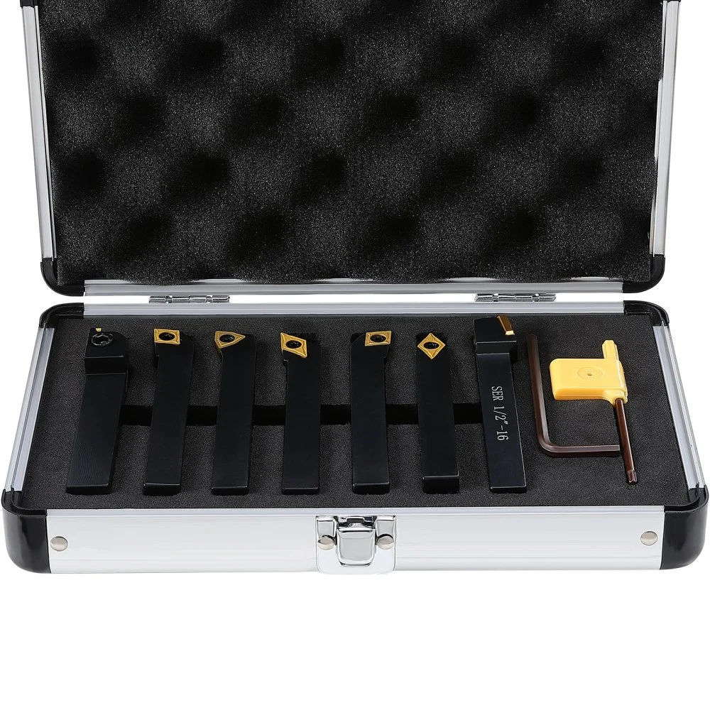 VEVOR 7 Pieces Indexable Lathe Turning Tool Holder, 1/2 in, CNC Heavy-Duty Metal Lathe Cutting Tools, with Tin Coated Carbide Inserts Aluminum Case, for Turning Grooving Threading Cut Off Holders Set