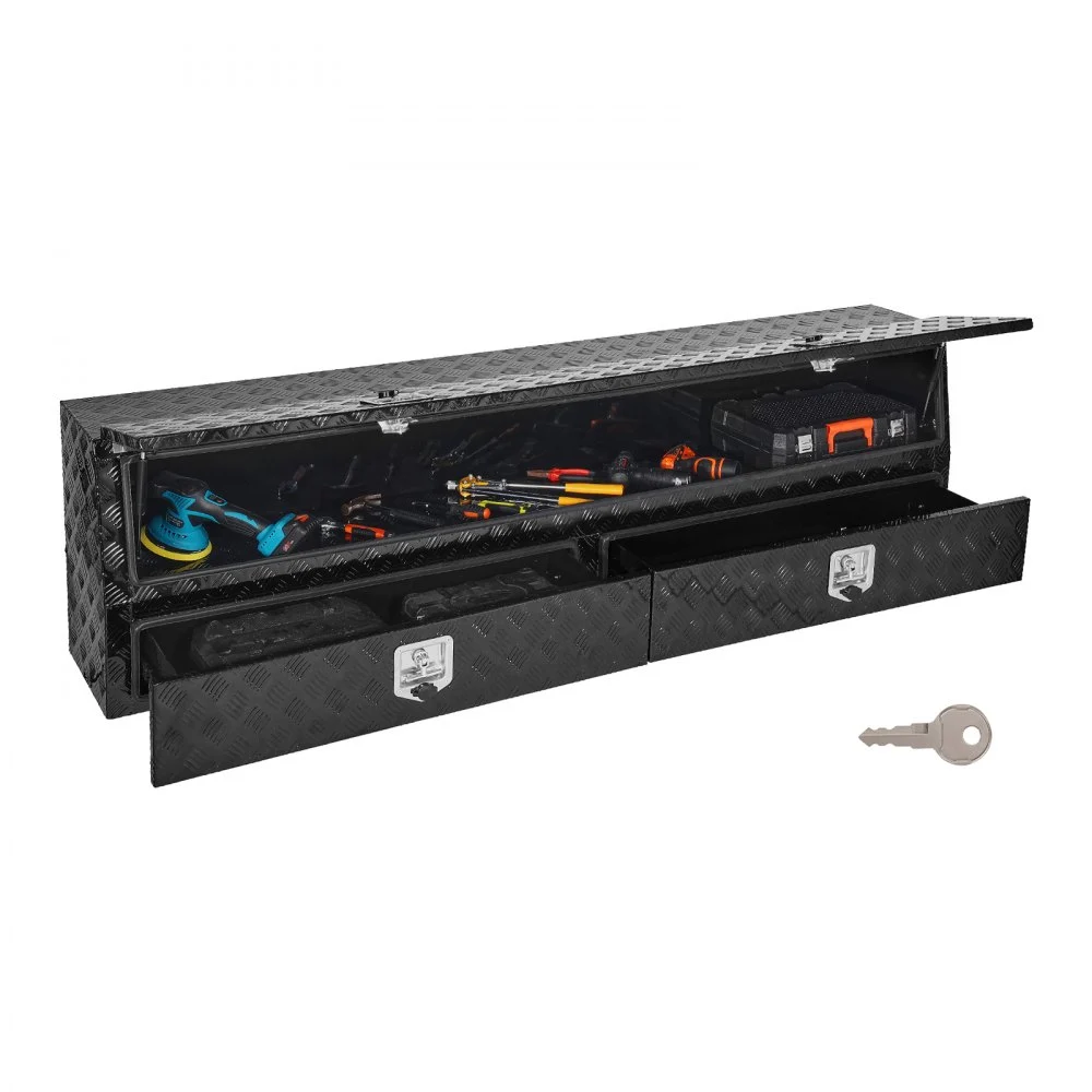 Summer Sale

        
               VEVOR Contractor Truck Tool Box, 81.5 x 21 x 13 in, Black Tread Aluminum TopSider Toolbox with Two Lower Drawers, Flip Up Door, Weather-Resistant Heavy Duty Storage Box, with Latch, for Truck Bed