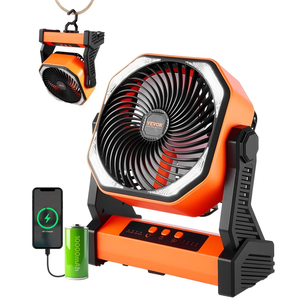 VEVOR 8 inch Rechargeable Camping Fan, Battery Operated with Light & Charging, 4 Speed Portable Outdoor Desktop Fan, 270-degree Manual Tilt for Tent, RV, Car, Travel, Jobsite & Hurricane Power Outages