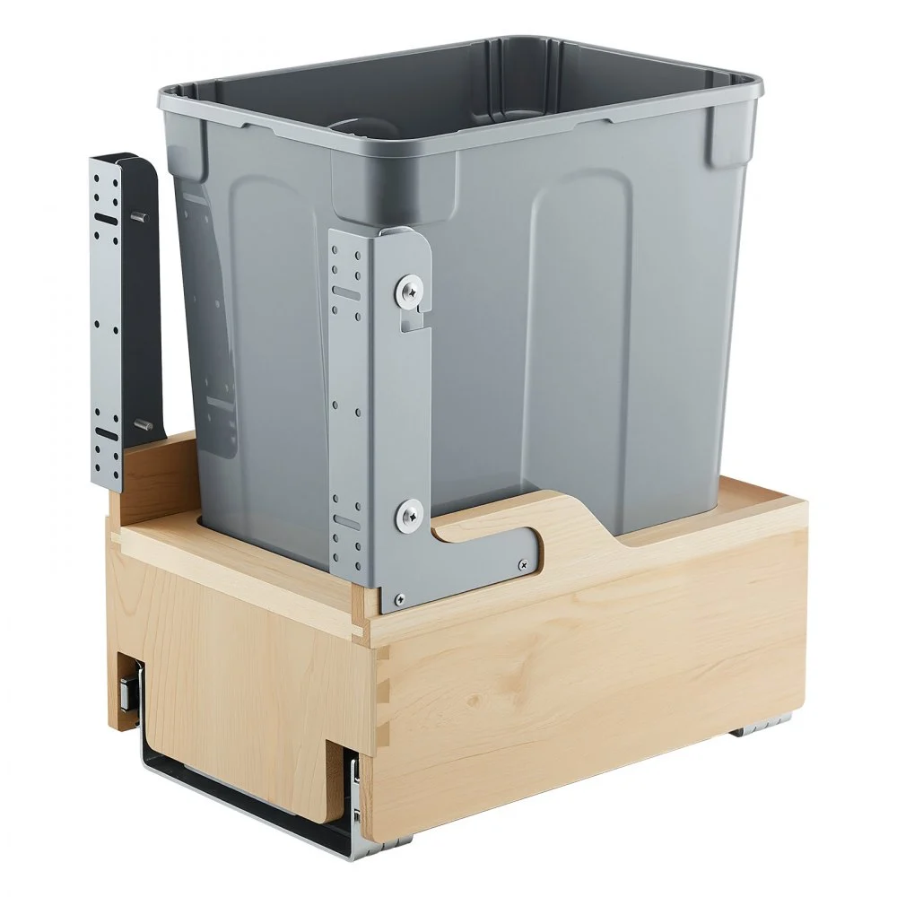 VEVOR Wood Pullout Trash Can for Kitchen Cabinets, 35 QT Garbage Waste Recycling Bin, Under Mount Waste Container, with Heavy Duty Metal Soft Close Sliding System, Door Kit, for Sink, Under Counter