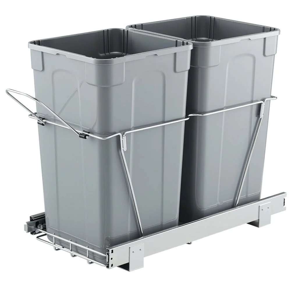 VEVOR Pullout Trash Can for Kitchen Cabinets, 27QTx2 Double Under Sink Garbage Waste Recycling Bin, Under Mount Waste Container, with Heavy Duty Metal Full Extension Sliding System and Handle