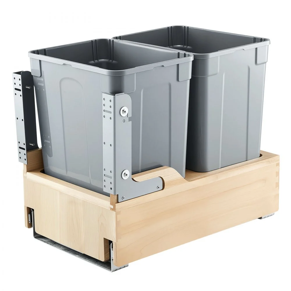 VEVOR Wood Pullout Trash Can for Kitchen Cabinets, 35 QT x2 Double Under Sink Garbage Waste Recycling Bin, Under Mount Waste Container, with Heavy Duty Metal Soft Close Sliding System and Door Kit