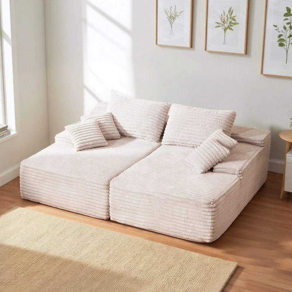 VEVOR 82.7-Inch Oversized Double Chaise Lounge, Corduroy Fabric Sectional Sofa, Cozy Deep Seat Loveseat Sofa with Soft Cushions and Throw Pillows for Living Room Bedroom, No Assembly Required, Beige