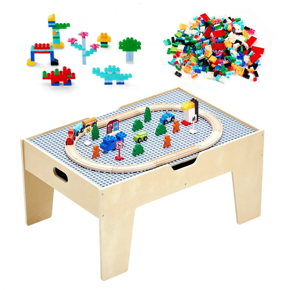 VEVOR Multi-Purpose Activity Play Table, 290 Building Bricks and 30-Piece Wooden Train Set Railway, Vehicles, Tracks and Accessories, Wooden Kids Activity Table with Storage Area for Kids Ages 3+