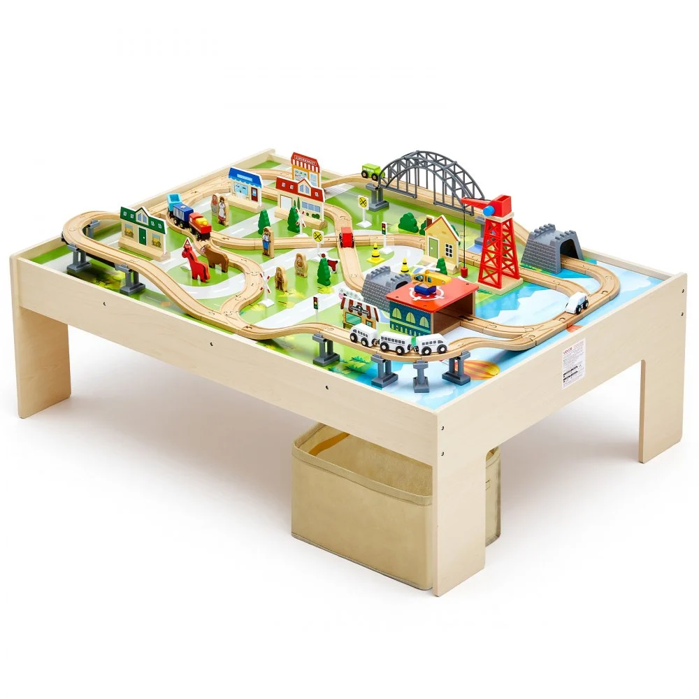 VEVOR Train Table, 120 Multicolor Pieces Wooden Kids Activity Table with Collapsible Storage Bin, 3-in-1 Wooden Train Set for Gaming, Drawing, Reading, Eating, Creative Toy Set for Kids Ages 3+