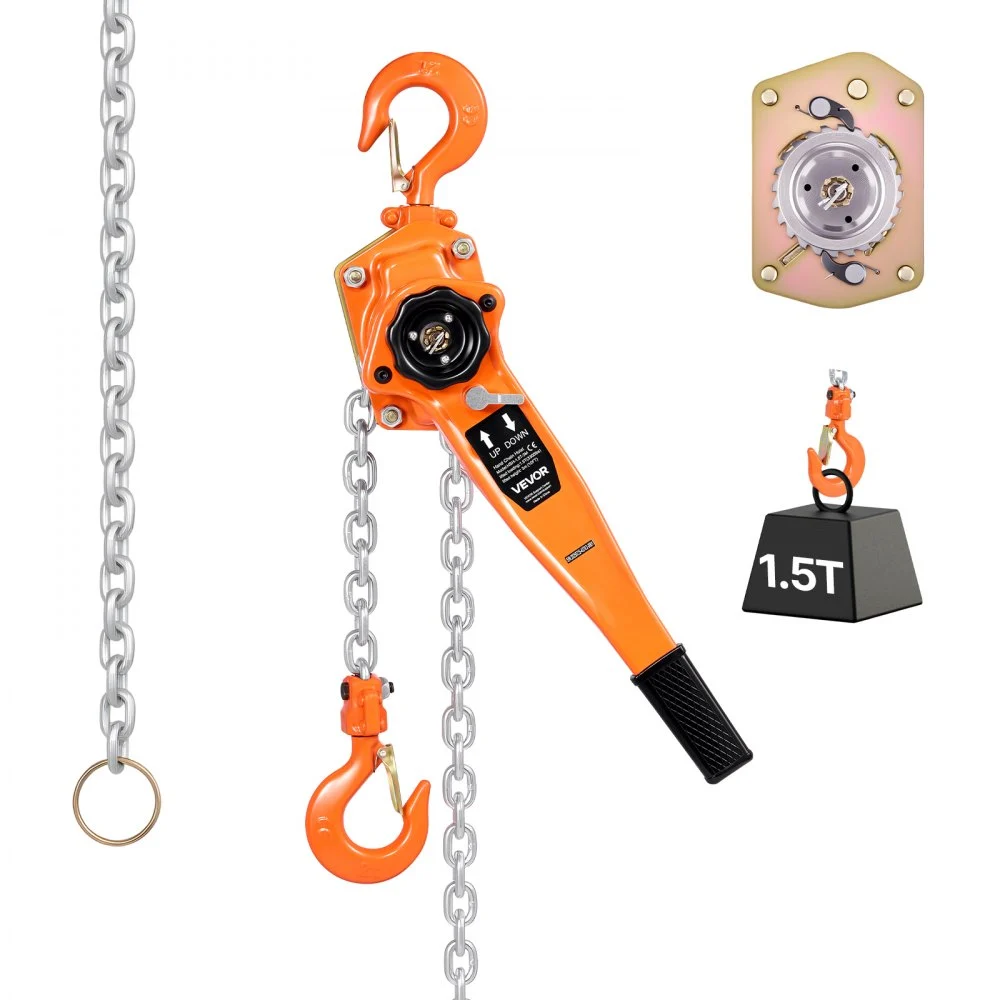 VEVOR Manual Lever Chain Hoist, 1-1/2T 3300LBS Capacity Heavy Duty Come Along, 10FT Lift G80 Alloy Steel Chain With Dual Pawl Mechanical Brake,360°Rotating Hooks, for Warehouse Construction Garage