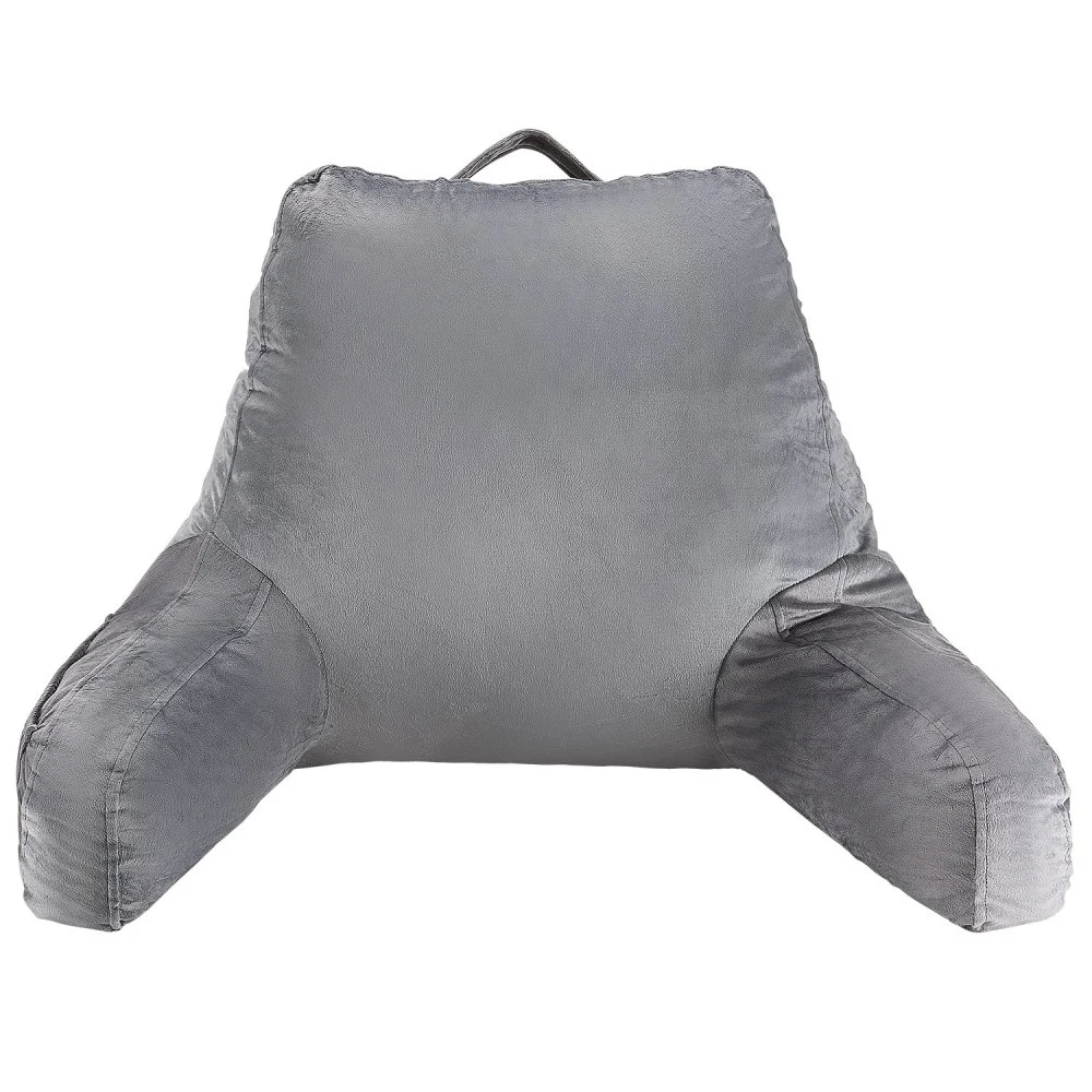 VEVOR Reading Pillow, Standard Size Bed Pillow with Shredded Memory Foam, Back Pillow with 3 Pockets and Washable Short Velvet Cloth, Top with Handle, for Watching TV, Reading, Gaming, Resting, Grey