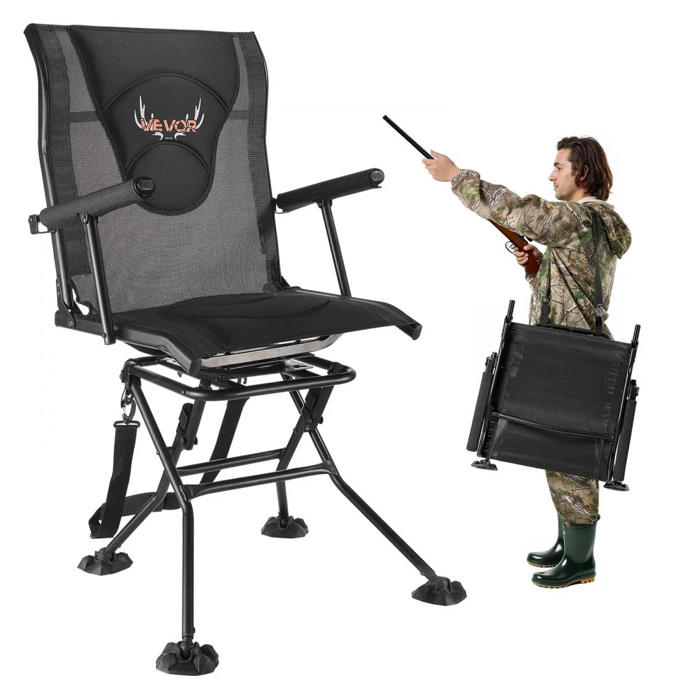 VEVOR Hunting Chair, 360° Silent Swivel, Foldable Portable Blind Chair, Heavy-Duty Steel Frame Ground Stool Seat, with Armrests, Adjustable Carry Strap, Anti-Sink Feet, 300 Lbs Capacity for Fishing