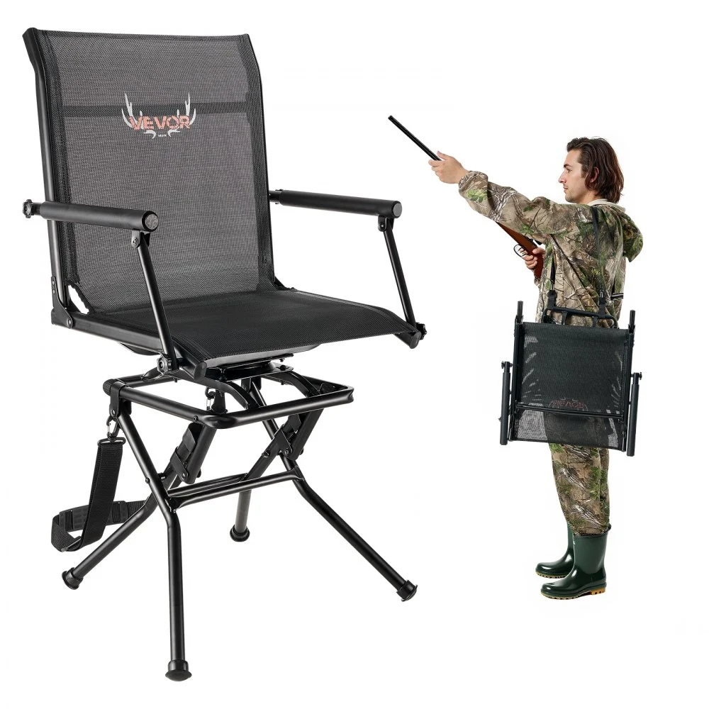 VEVOR Hunting Chair, 360° Silent Swivel, Foldable Lightweight Portable Blind Chair, Heavy-Duty Steel Frame Ground Stool Seat, with Armrest, Adjustable Carry Strap, 300 Lbs Capacity for Fishing Camping