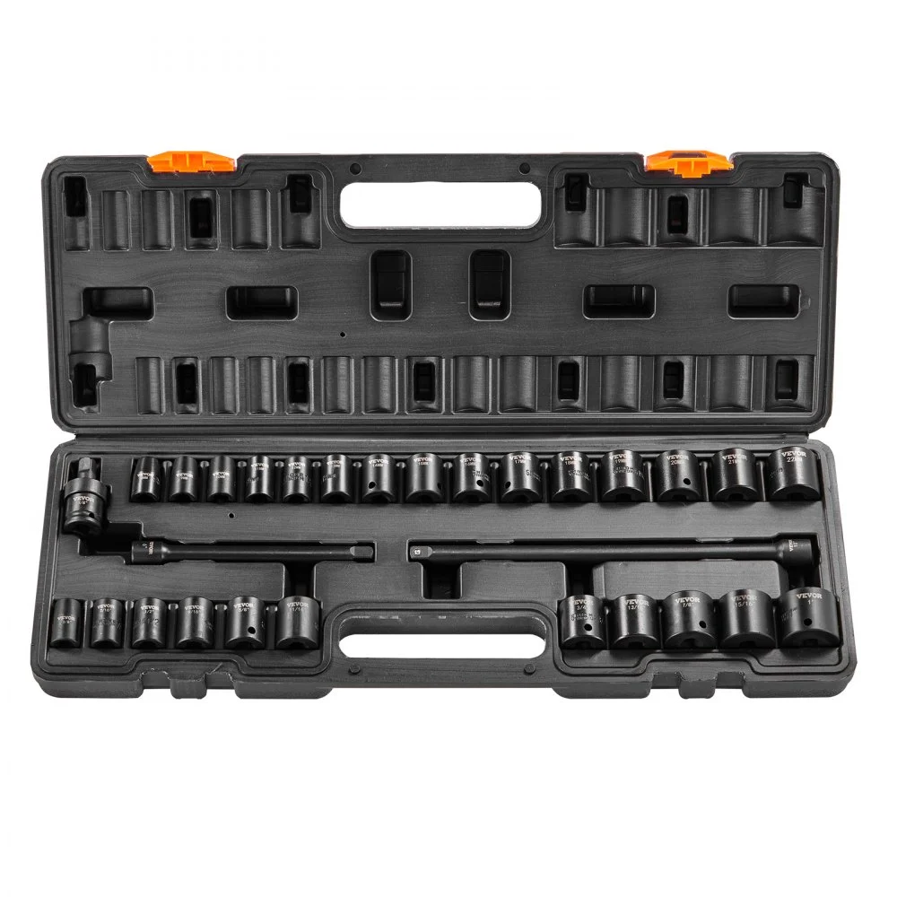 VEVOR 3/8" Drive Impact Socket Set, 29 Piece Shallow Socket Set SAE 3/8"-1" and Metric 8-22mm, 6 Point CR-V Alloy Steel for Auto Repair, Easy-to-Read Size Markings, Rugged Construction, Storage Case