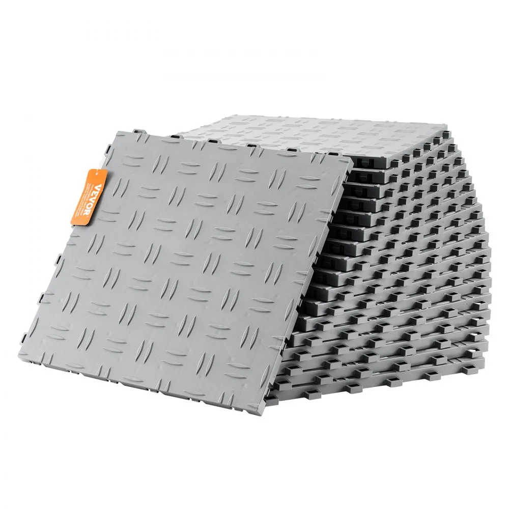 VEVOR Garage Tiles Interlocking, 12 x 12 x 0.53 inch 25 Pack Garage Floor Covering Tiles, Non-Slip Double-Sided Texture Garage Flooring Tiles, for Garages, Basements, Repair Shops, Silver