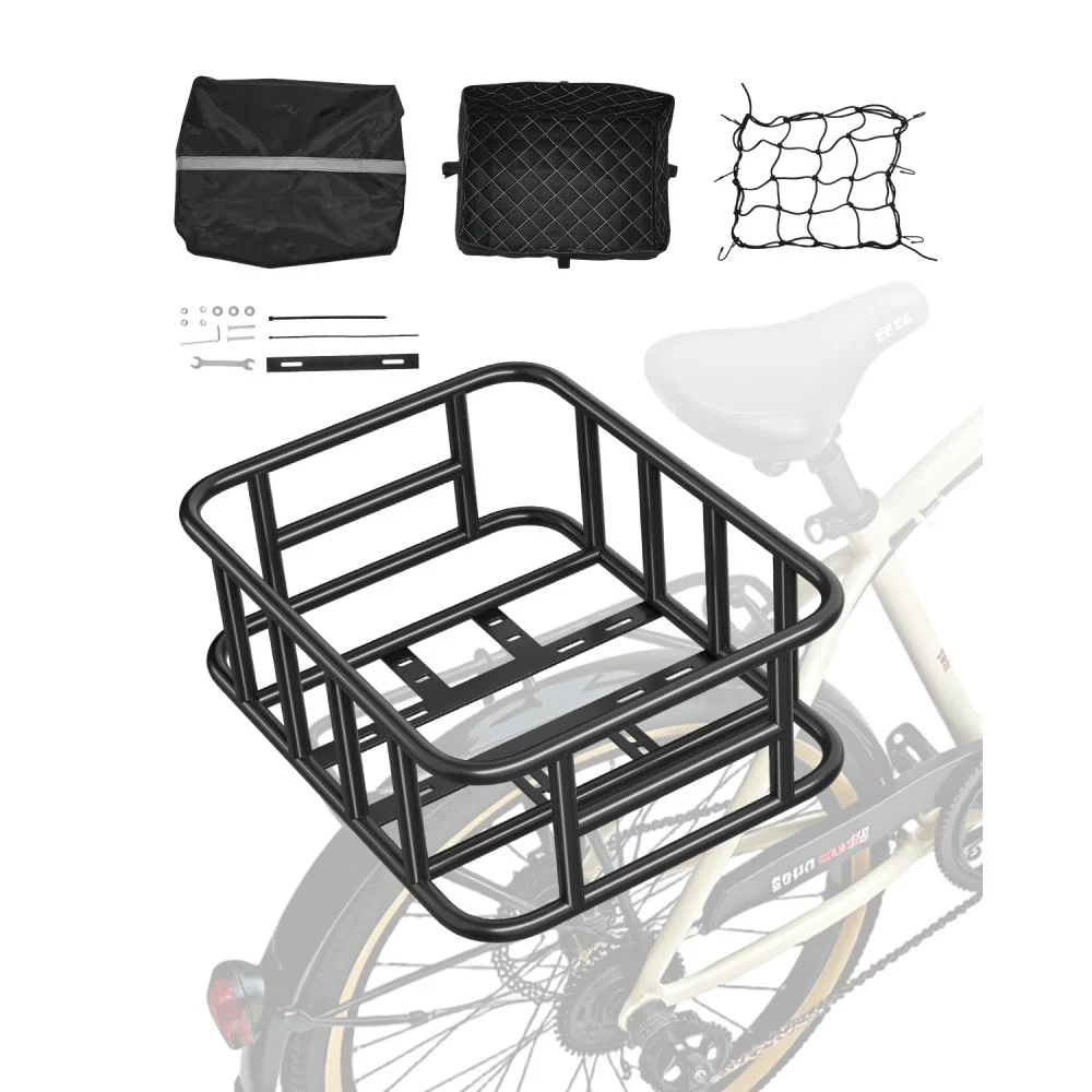 VEVOR Rear Bike Basket, Medium Bicycle Basket with Cargo Net, Liner & Waterproof Cover, Heavy Duty Bike Back Basket for Adult Women/Men Carrying Dogs, Pets, Fruit & Grocery, Mounting Tools Included