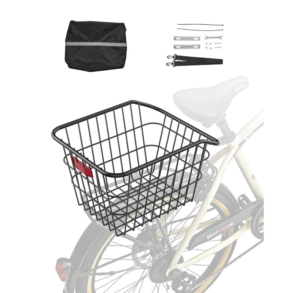VEVOR Rear Bike Basket, Metal Wire Bicycle Basket with Reflective Tail Light & Waterproof Cover, Durable Bike Back Basket, Fits to Most Rear Bike Racks