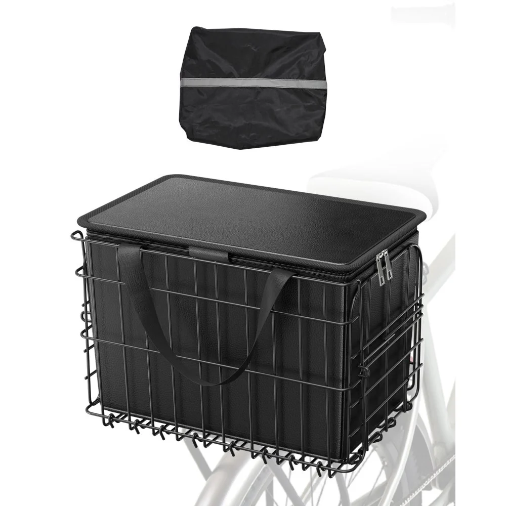 VEVOR Rear Bike Basket, Folding Wire Bicycle Basket with Cargo Net, Removable Liner Bag & Waterproof Cover, Quick Release Design Bike Basket for Adult Women/Men Carrying Dogs Pets Fruit & Grocery