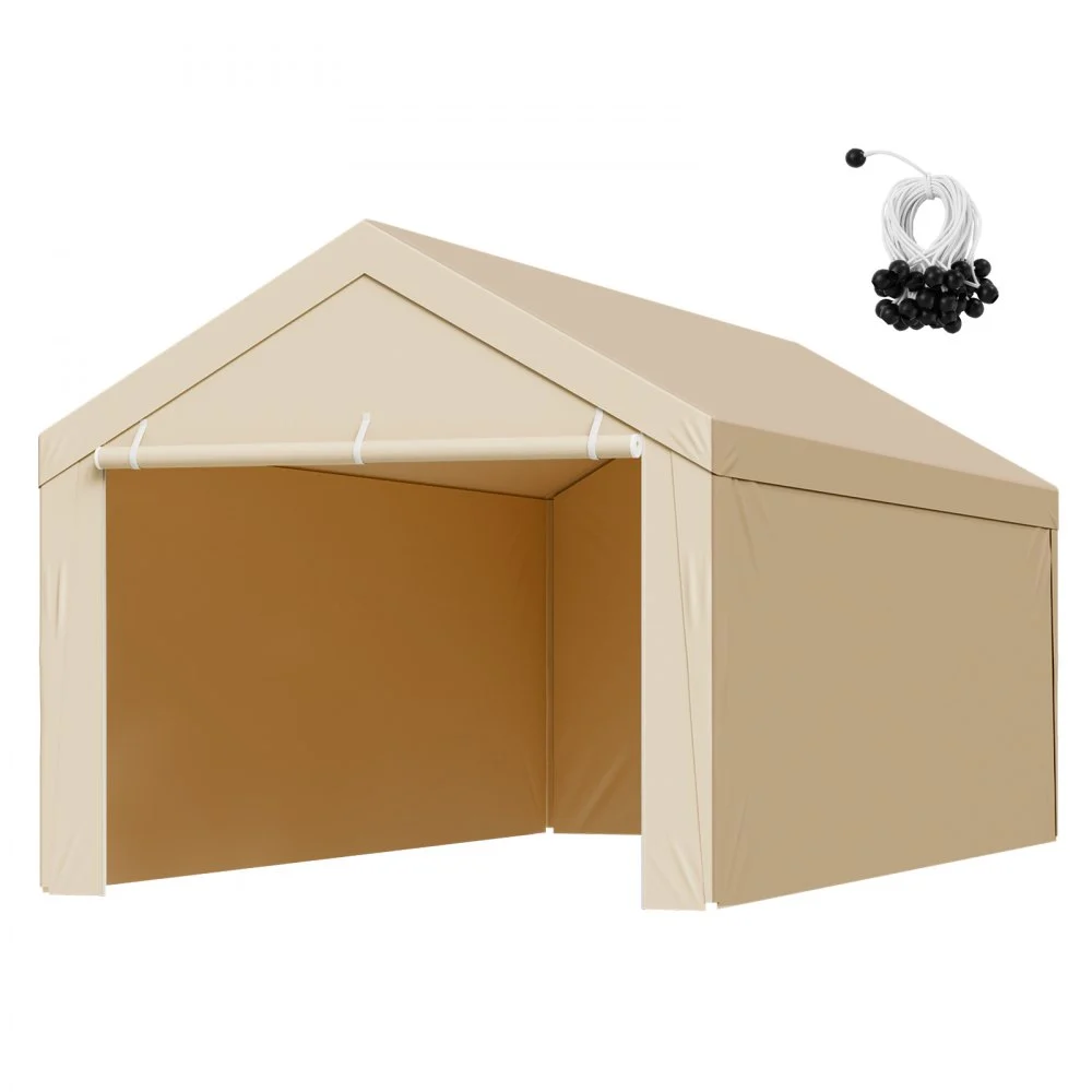 VEVOR Carport Replacement Canopy, 10 x 20 ft Potable Garage Tent Top Tarp with Sidewalls, UV-Resistant & Waterproof, Heavy Duty Car Shelter Tarp with Ball Buggees, Beige, Frame Not Included