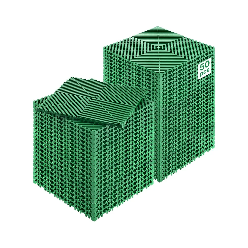 VEVOR Interlocking Drainage Mat, 50 Pcs Modular Interlocking Cushion, 12” x 12” Splicing Drainage Mats, Non-Slip Green PP Drainage Floor Tile and Shower Mat, for Garage, Garden, Kitchen & Outdoor
