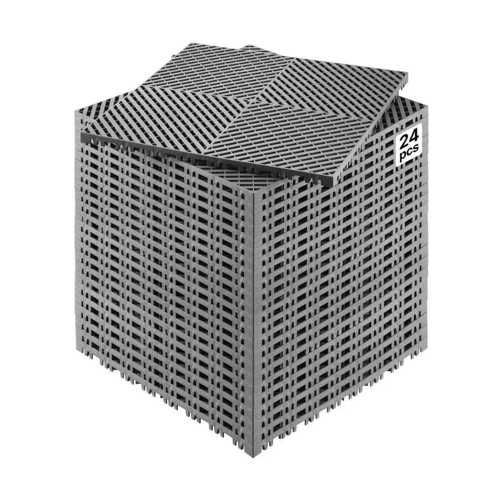 VEVOR Interlocking Drainage Mat, 15.7” x 15.7” Modular Interlocking Cushion, 24 Pcs Splicing Drainage Mats, Non-Slip Gray PP Drainage Floor Tile and Shower Mat, for Garage, Garden, Kitchen & Outdoor