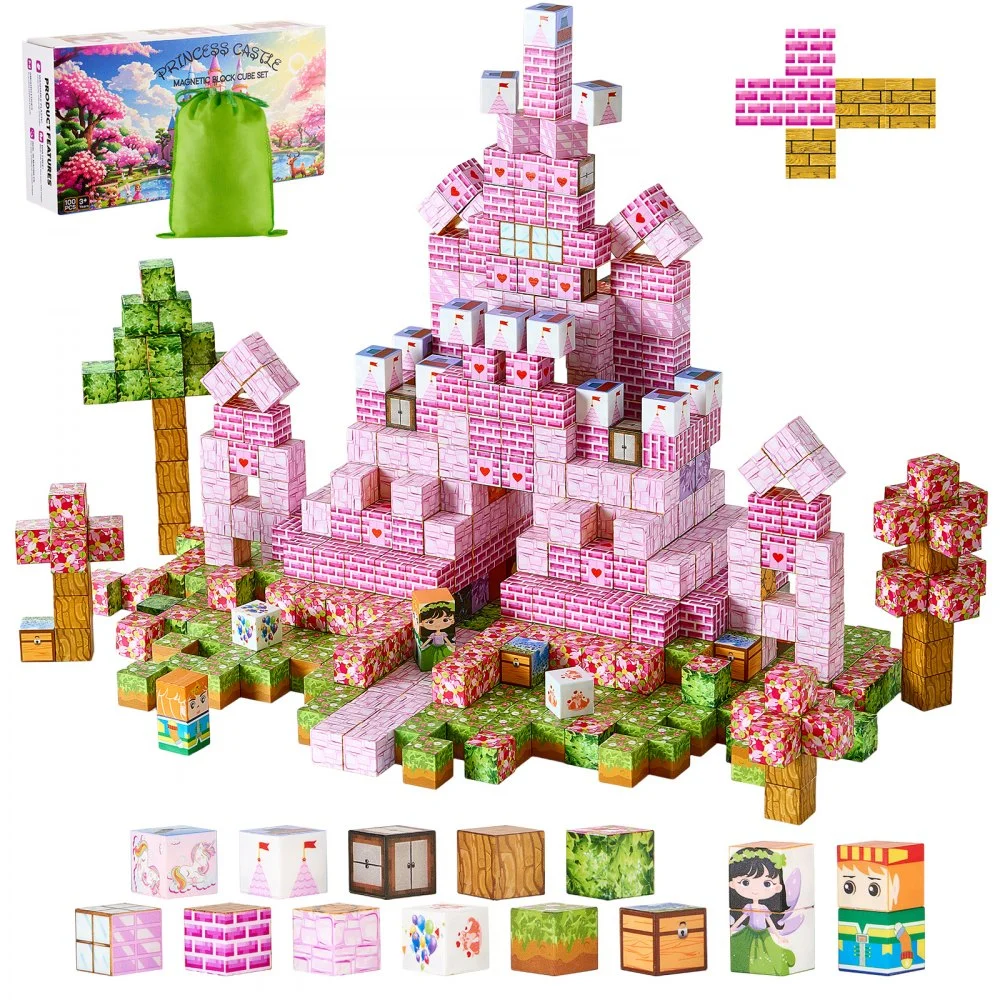 VEVOR Magnetic Blocks, 100 PCS Princess Castle Set, Magnetic Building Cubes for Kids, STEM Montessori Sensory Toys for Christmas Birthday Gift, Construction Stacking Toy for 3+ Years Old Boys & Girls