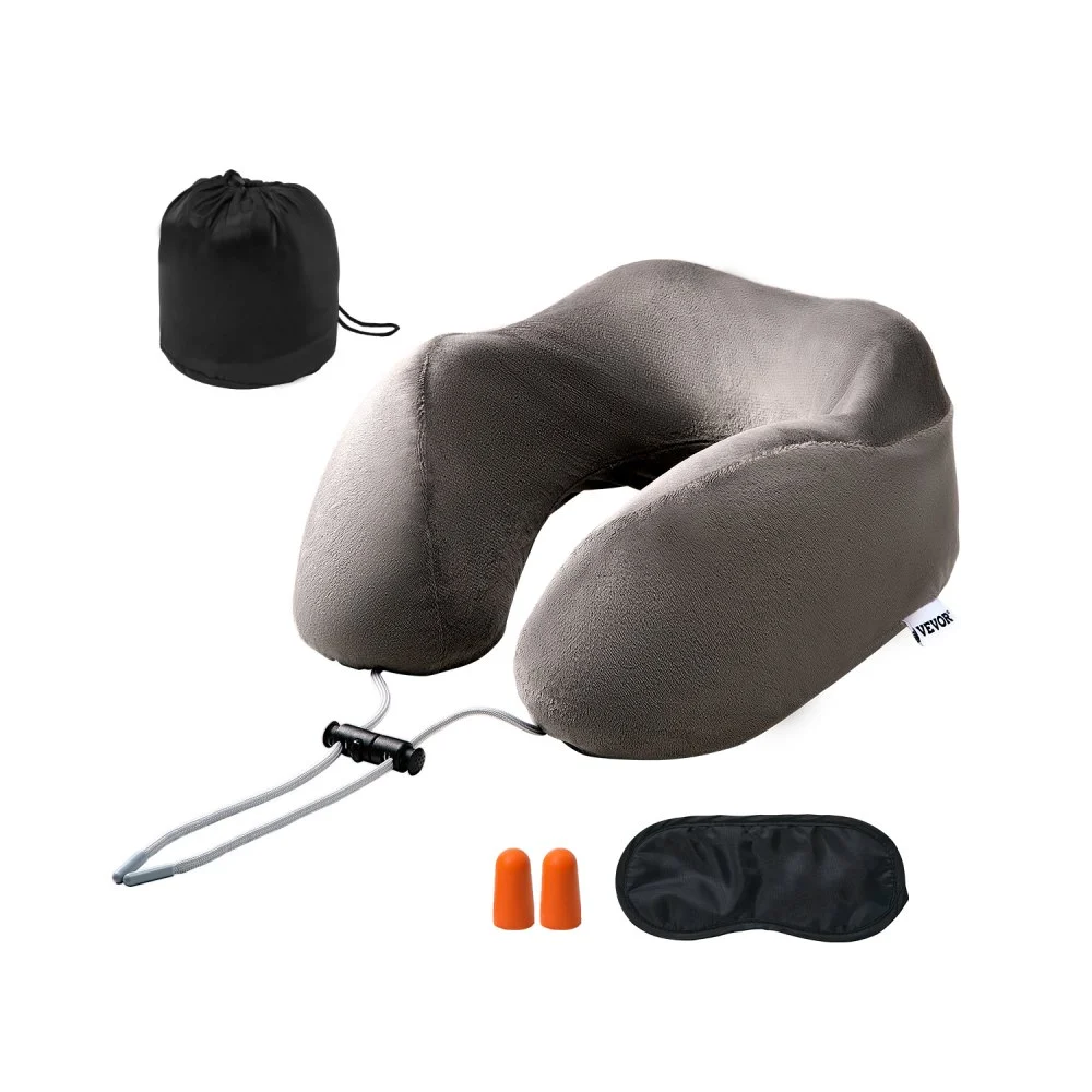 VEVOR Travel Pillow, Neck Pillow for Traveling, Upgraded Bamboo Charcoal Memory Foam Travel Neck Pillow with Eye Mask, Earplugs and Storage Bag, Suitable for Plane Car Home Recliner Use(Dark Gray)