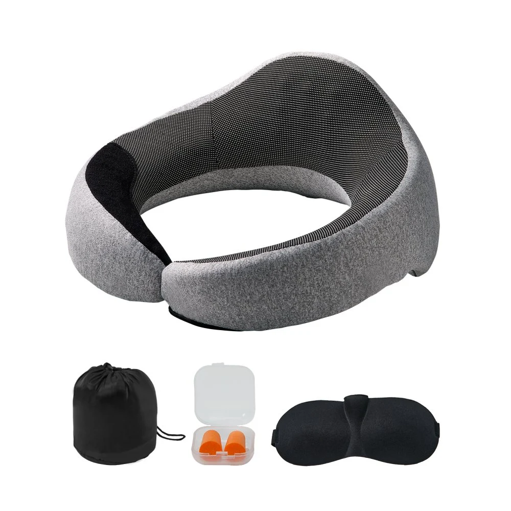 VEVOR Travel Pillow, Double-Layered 3D Support Neck Pillow for Traveling, 360° Flexible Rotation Upgraded Memory Foam Travel Neck Pillow with Eye Mask, Earplugs, Earplug Case, Storage Bag(Black-Gray)