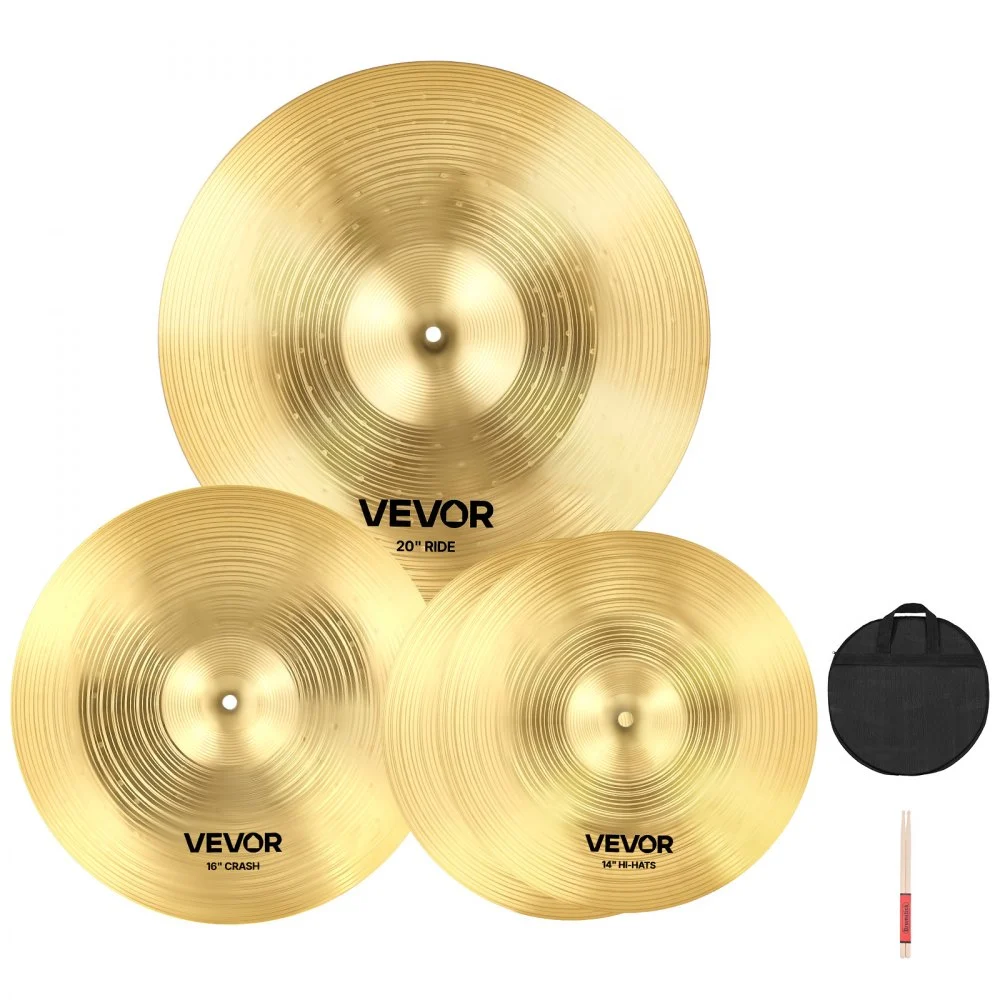 VEVOR Cymbal Pack, 3 Pieces Cymbals for Drum Set, Alloy Cymbals Drum Set Includes 14-inch Hi-Hats, 16-inch Crash, 20-inch Ride, Drumsticks & Cymbal Bag, Alloy Cymbal Pack for Drummer, Bright Copper