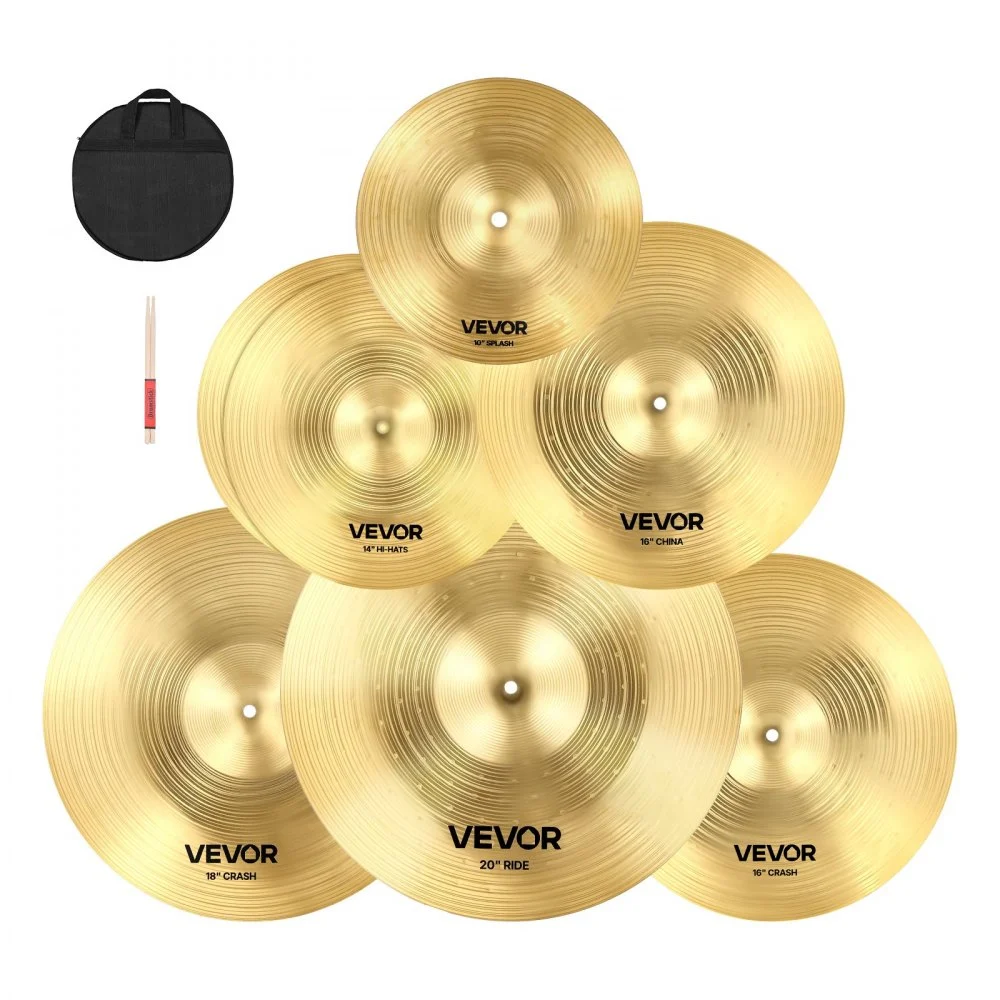VEVOR Cymbal Pack, 6 Pieces Cymbals for Drum Set, Alloy Cymbals Drum Set Includes 14-inch Hi-Hats, 16-inch Crash, 18-inch Crash, 20-inch Ride, 10-inch Splash, 16-inch China, Drumsticks & Cymbal Bag