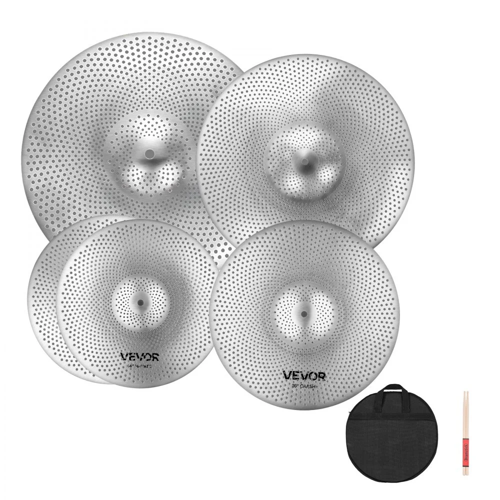 VEVOR Low Volume Cymbal Pack, 4 Pieces Quiet Cymbals for Drum Set, Alloy Cymbals Drum Set Includes 14-inch Hi-Hats, 16-inch Crash, 18-inch Crash, 20-inch Ride, Drumsticks & Cymbal Bag, Bright Copper