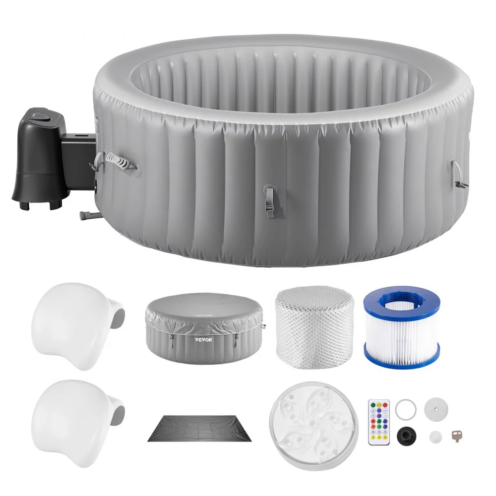 VEVOR Inflatable Hot Tub, 4 to 6 Person Capacity, 81.9 x 26in Round Portable Outdoor Spa, with 130 Soothing Jets, Headrest, LED Light, Cover, Multi-function Control Panel, PVC Outdoor Hot Tub, Grey
