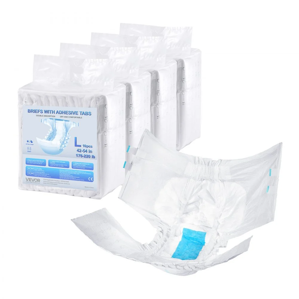 VEVOR Adult Briefs with Tabs, Super Absorbent Incontinence Briefs for Men and Women, Disposable Adult Diapers with Leakproof 3D Surround Guard & Wetness Indicator - L Size, 40 Count (4 Packs of 10)
