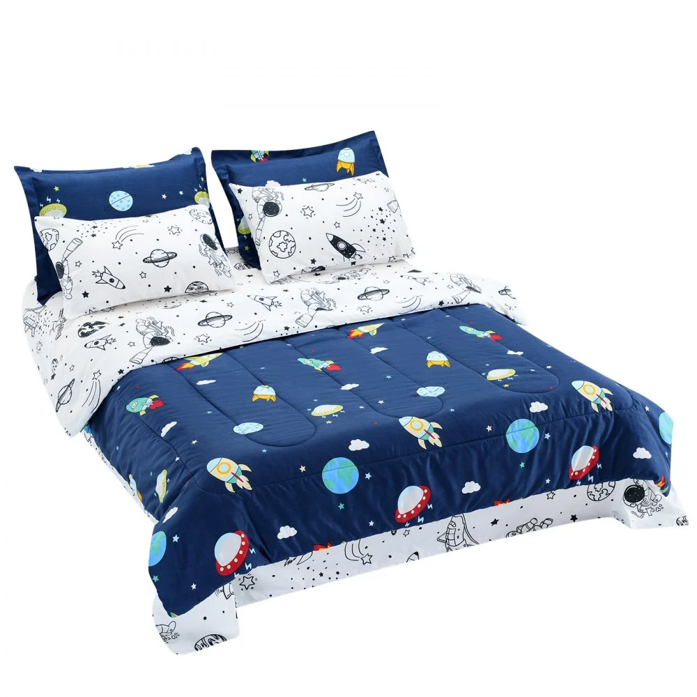 VEVOR Kids Comforter Set, 7 Pieces, Twin Bedding Sets with 1 Comforter, 1 Flat Sheet, 1 Fitted Sheet, 4 Pillowcases, Soft Microfiber & Space Printed, Bedding Comforter Sets for Boys Girls Teen