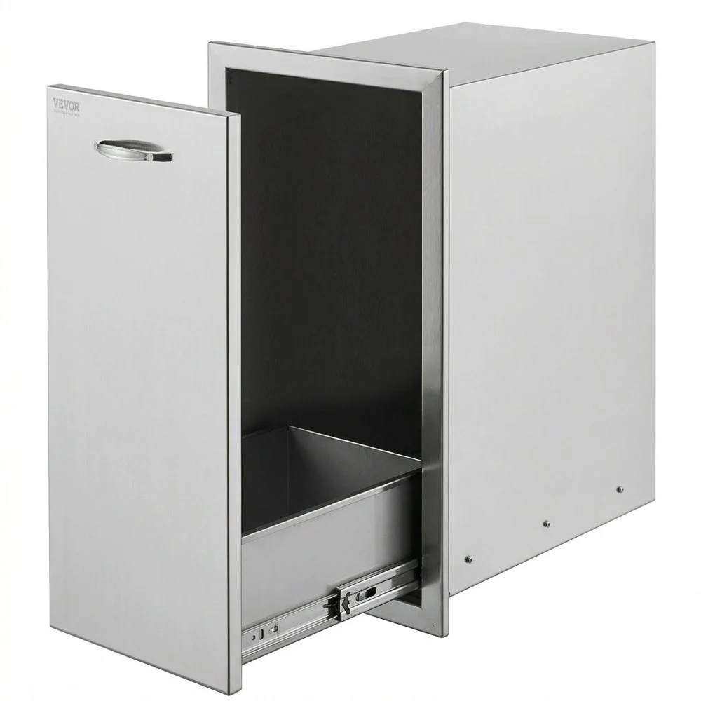 VEVOR Pull Out Trash Drawer 13.6Wx26Hx19.3D Inch Lower Sliding Rails Stainless Steel Roll Out Trash Bin Pull Out Tray Outdoor Kitchen Trash Drawer with Handle for BBQ Island Grill Station No Trash Can