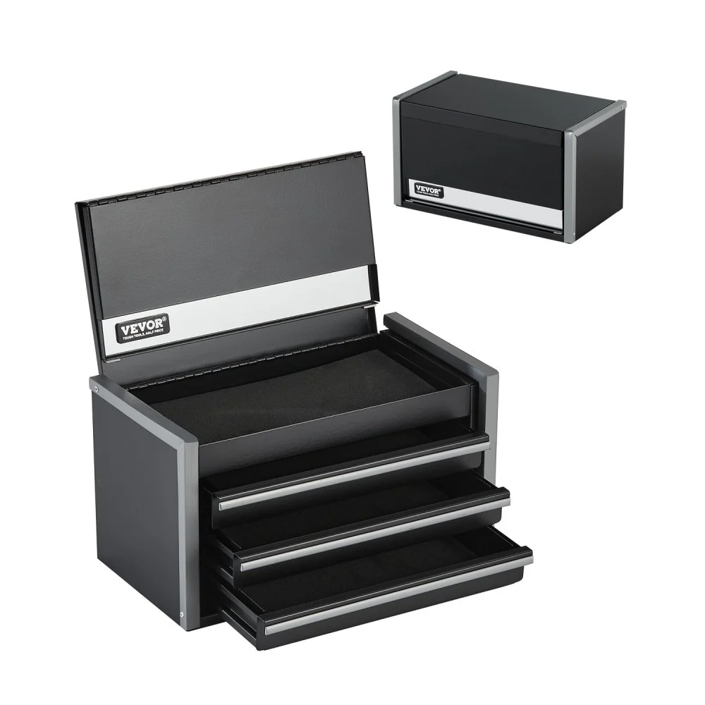 VEVOR Metal Tool Box, 8.6-inch, Portable Metal Tool Box with 3 Drawers, Small Tool Chest with EVA Liners and PP Feet Pads, Heavy-Duty Steel With Ball Bearing Opening and Powder Coated Finish, Black