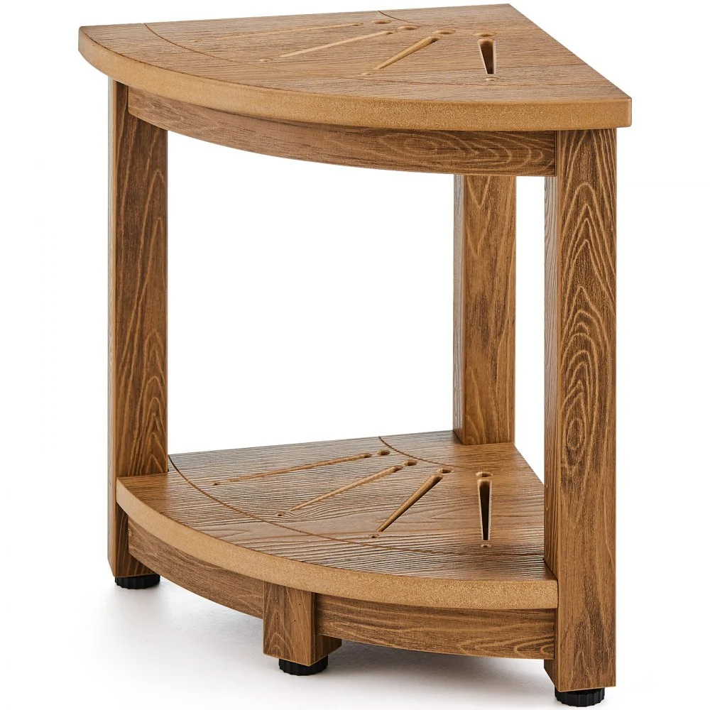 VEVOR Corner Shower Bench, 16.5" Height 12.8" Radius, Faux Wood Grain Polystyrene, 350 LBS with Storage Shelf, Water Resistant, Shower Stool for Inside & Outside Shower, for Bathroom, Living Room