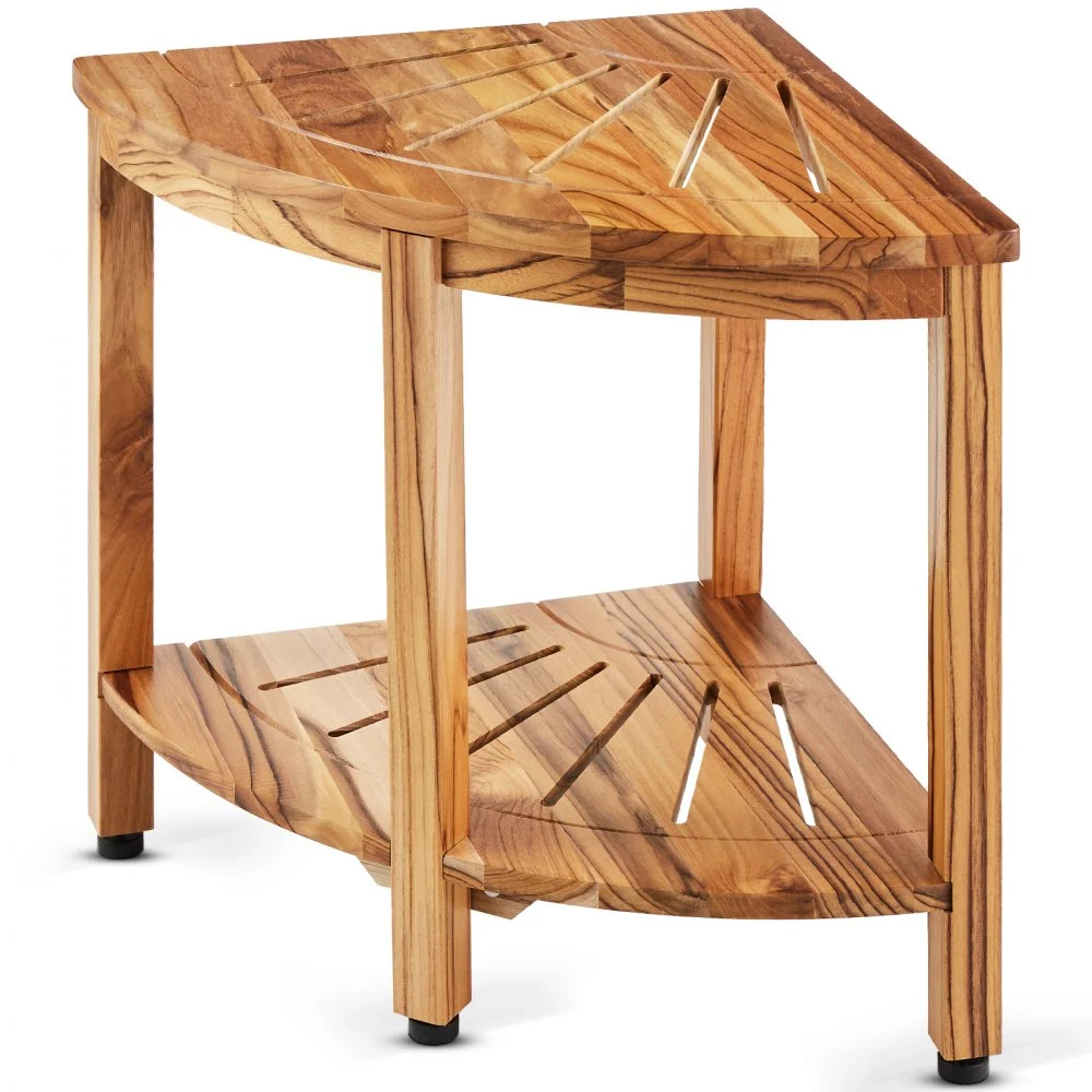 VEVOR Corner Teak Shower Bench, 18.5" Height 15.5" Radius, 100% Teak Wood Corner Shower Beach, 500 LBS with Storage Shelf, Shower Stool for Inside & Outside Shower, for Bathroom