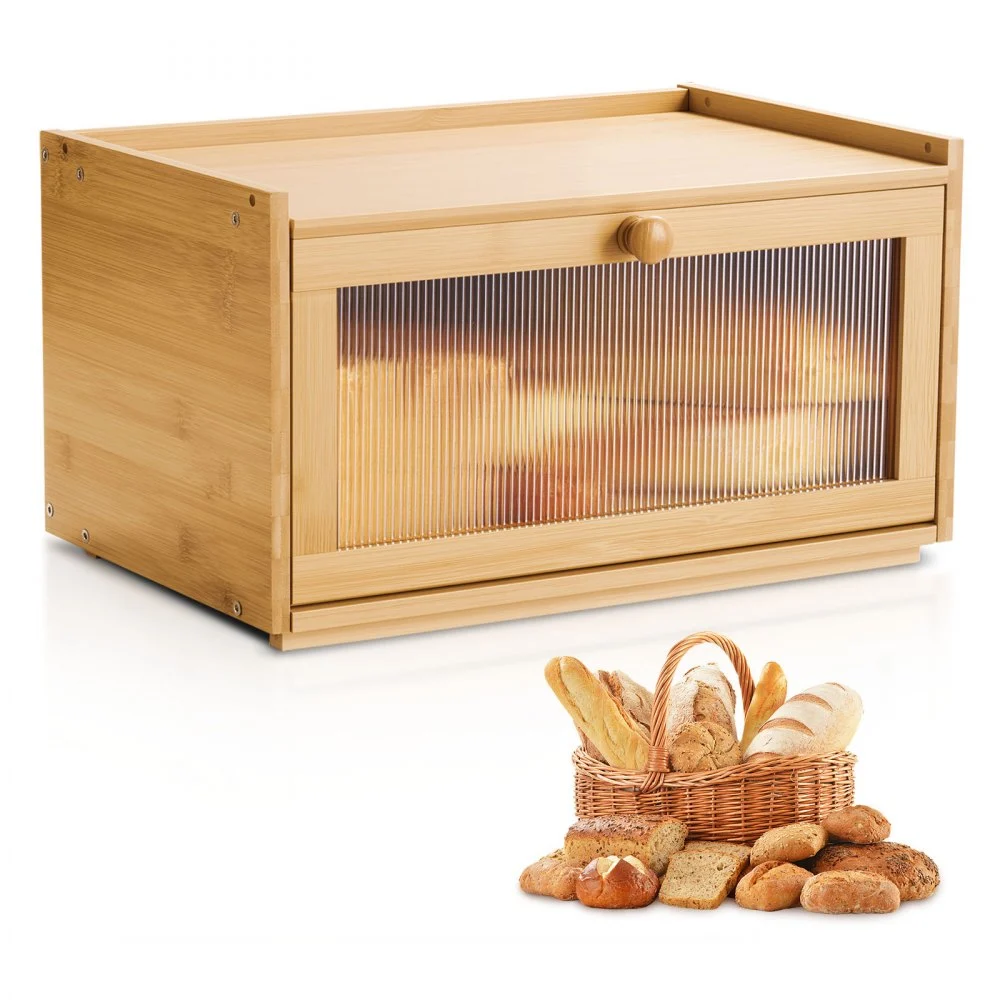VEVOR Bread Box for Kitchen Counter, Large Capacity Bamboo Bread Storage Container, Farmhouse Wooden Breadbox Organizer for Homemade Bread, Storage Holder Bin with Acrylic Wavy Door Panel, Natural