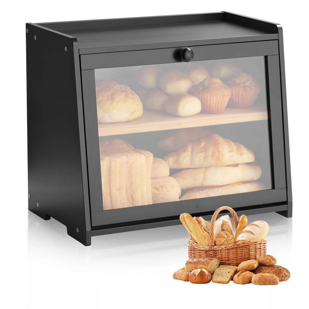 VEVOR Double Layer Bread Box for Kitchen Counter, Large Capacity Bamboo Bread Storage Container, Farmhouse Wooden Breadbox for Homemade Bread, Storage Holder Bin with Acrylic Wavy Door Panel, Black
