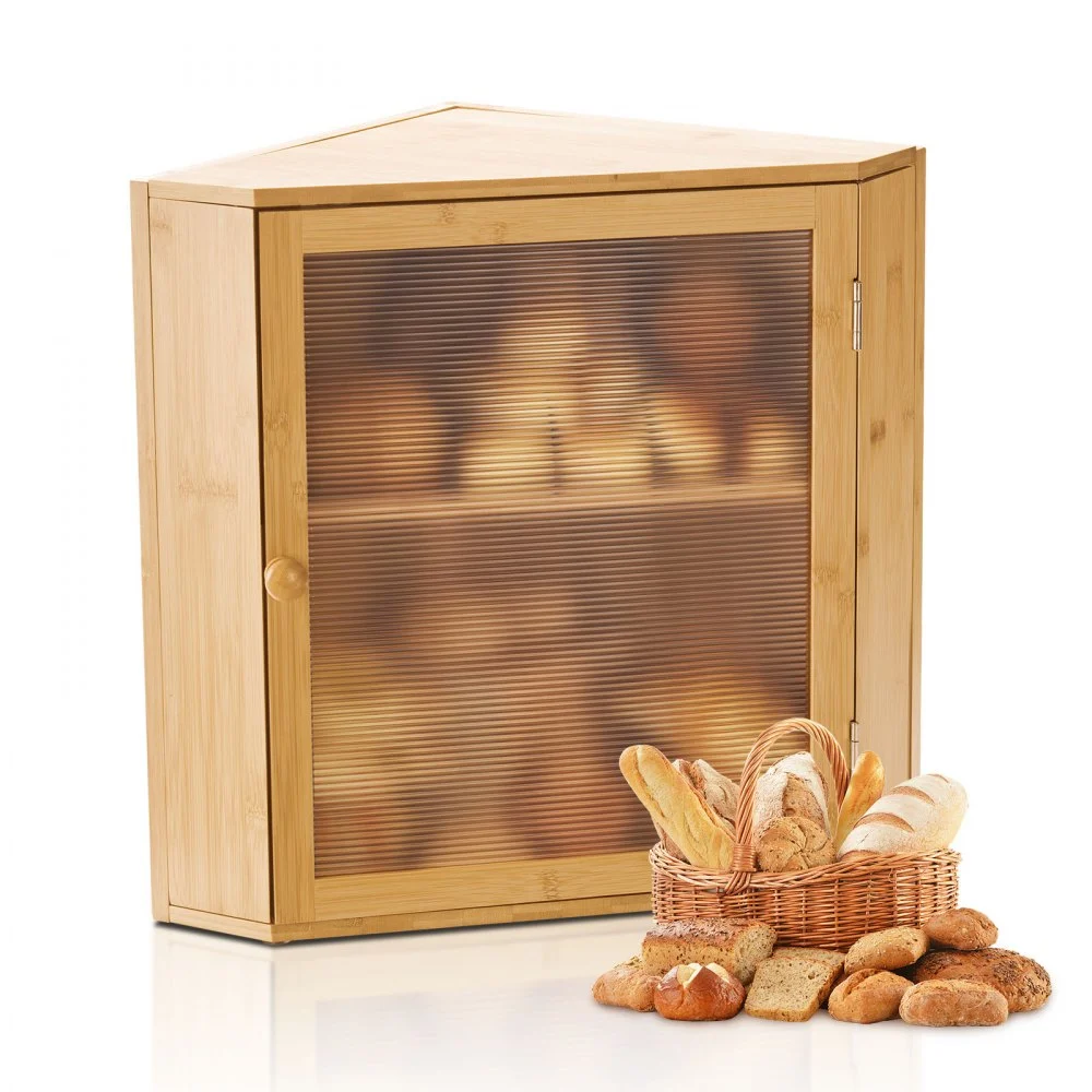 VEVOR Corner Bread Box for Kitchen Counter, Double Layer Large Capacity Bamboo Bread Storage Container, Farmhouse Wooden Breadbox for Homemade Bread, Storage Holder Bin with Acrylic Wavy Door, Natural